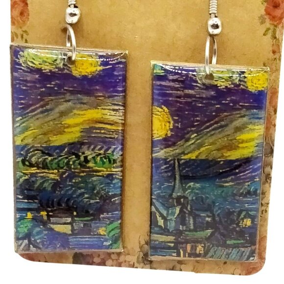 Van Gogh Starry Night Rectangle Earrings Pierced Hook - Picture 2 of 9